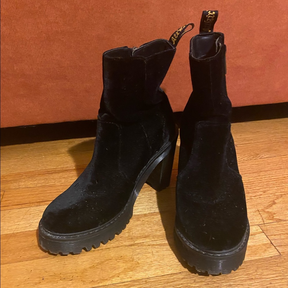 Velvet black chunky heel doc marten boots
